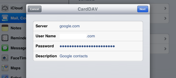 CardDAV account settings