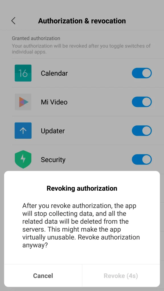 revoking authorization system app xiaomi