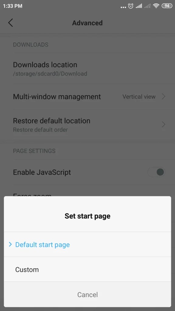 set custom page mi browser