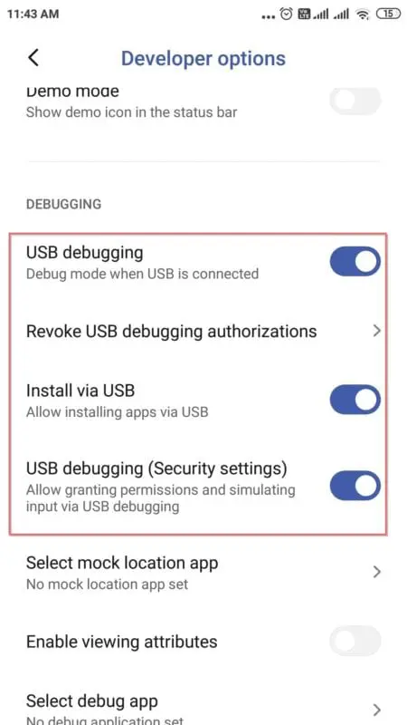 enable usb security debugging install usb options redmi